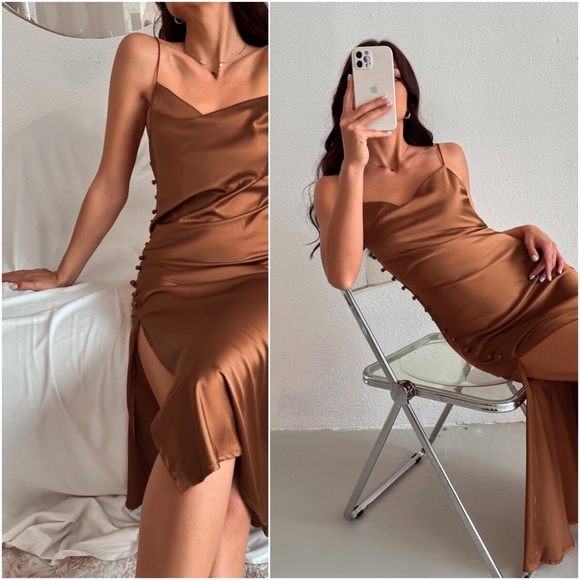 Boho Button Detail Slit Cami Midi Dress Teal Blue - Picture 4 of 8